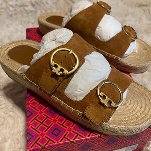 Tory Burch Tan Suede Espadrille Slides with Gold Buckles
